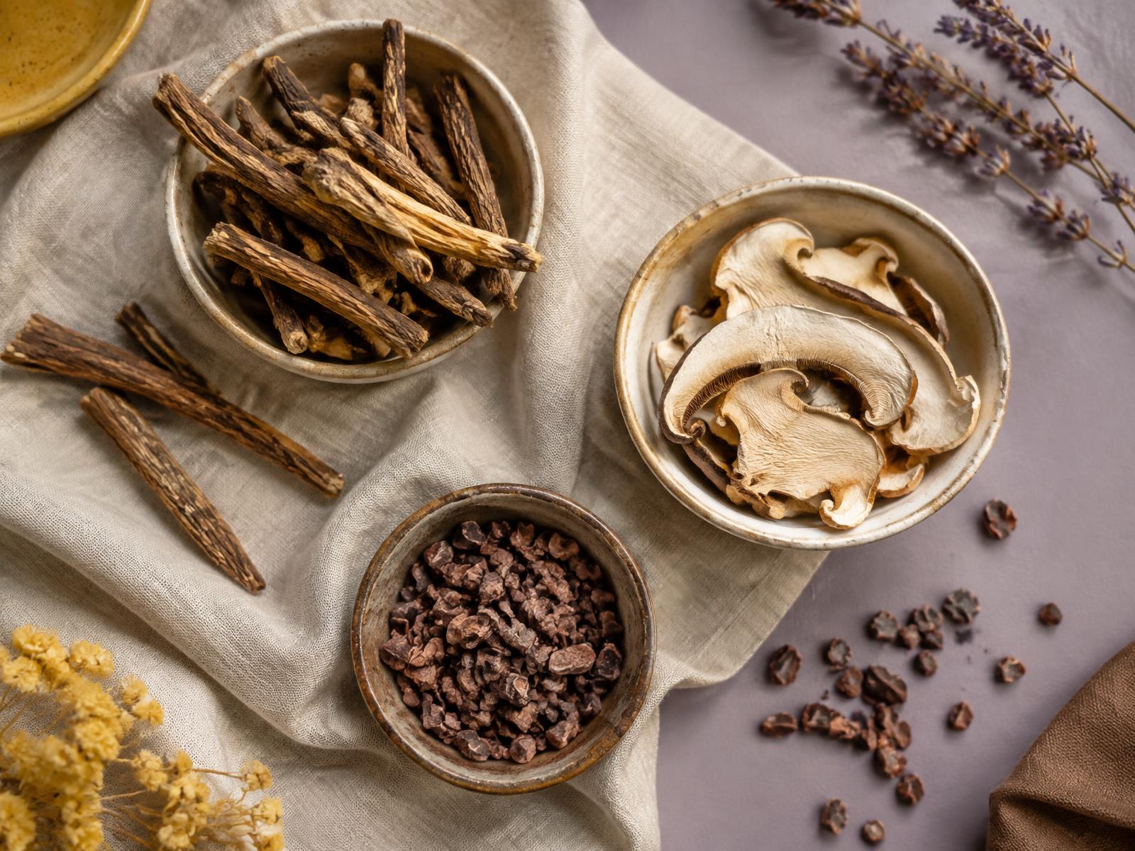 Dried roots, mushrooms, botanicals and cacao nibs on linen