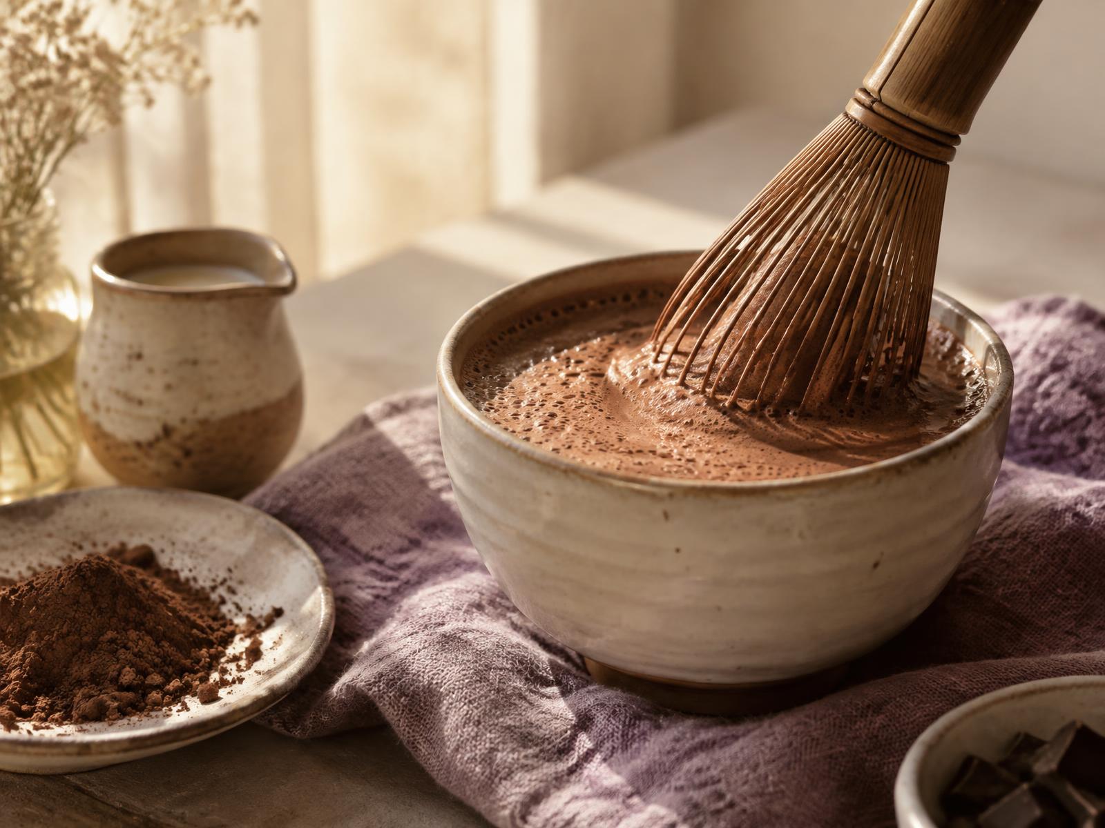 Cacao being whisked in a clay cup in morning light