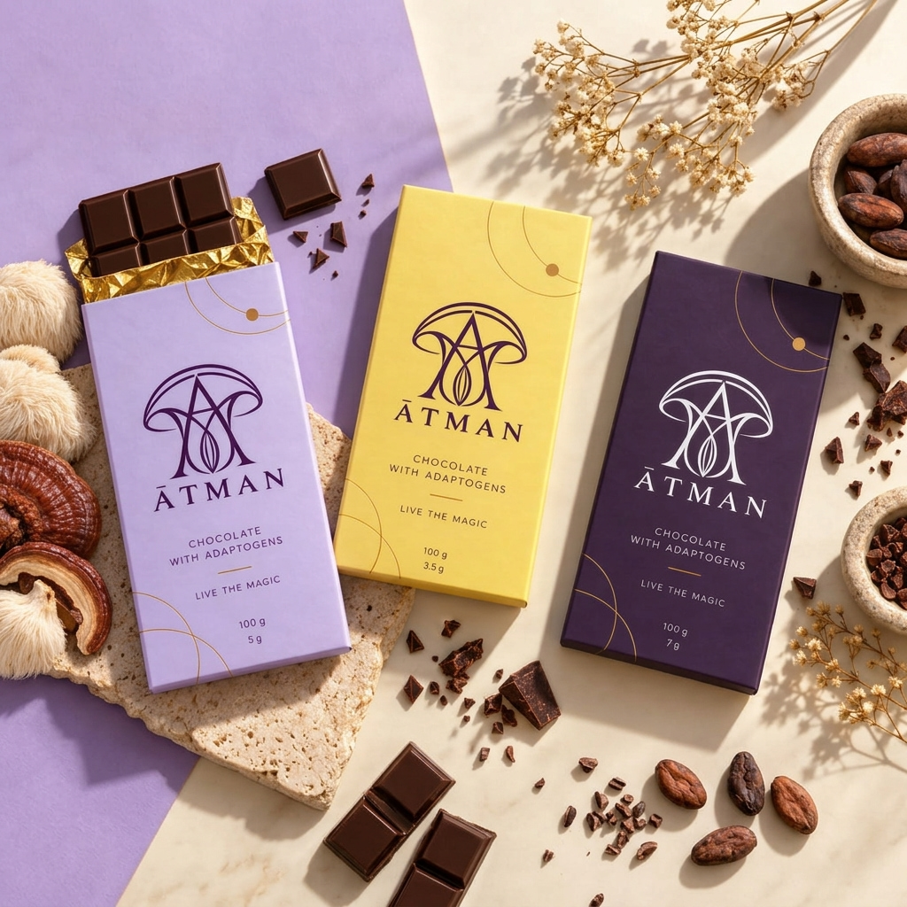 Three Atman chocolate bars with adaptogenic mushrooms, cacao beans and nibs