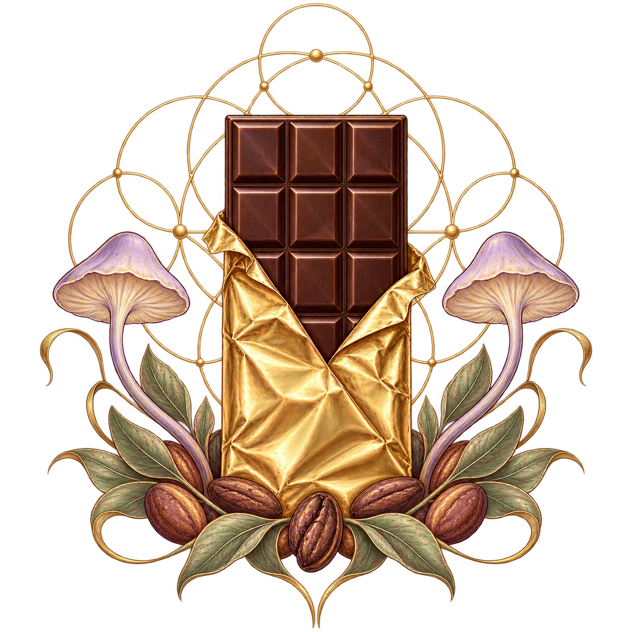 Chocolate bar with golden wrapper, mushrooms, cacao and sacred geometry